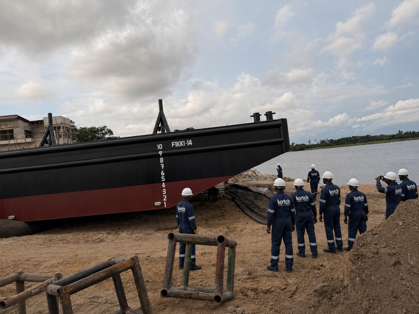 Kortch project team beside the completed FIKKI-14 barge ready for launch